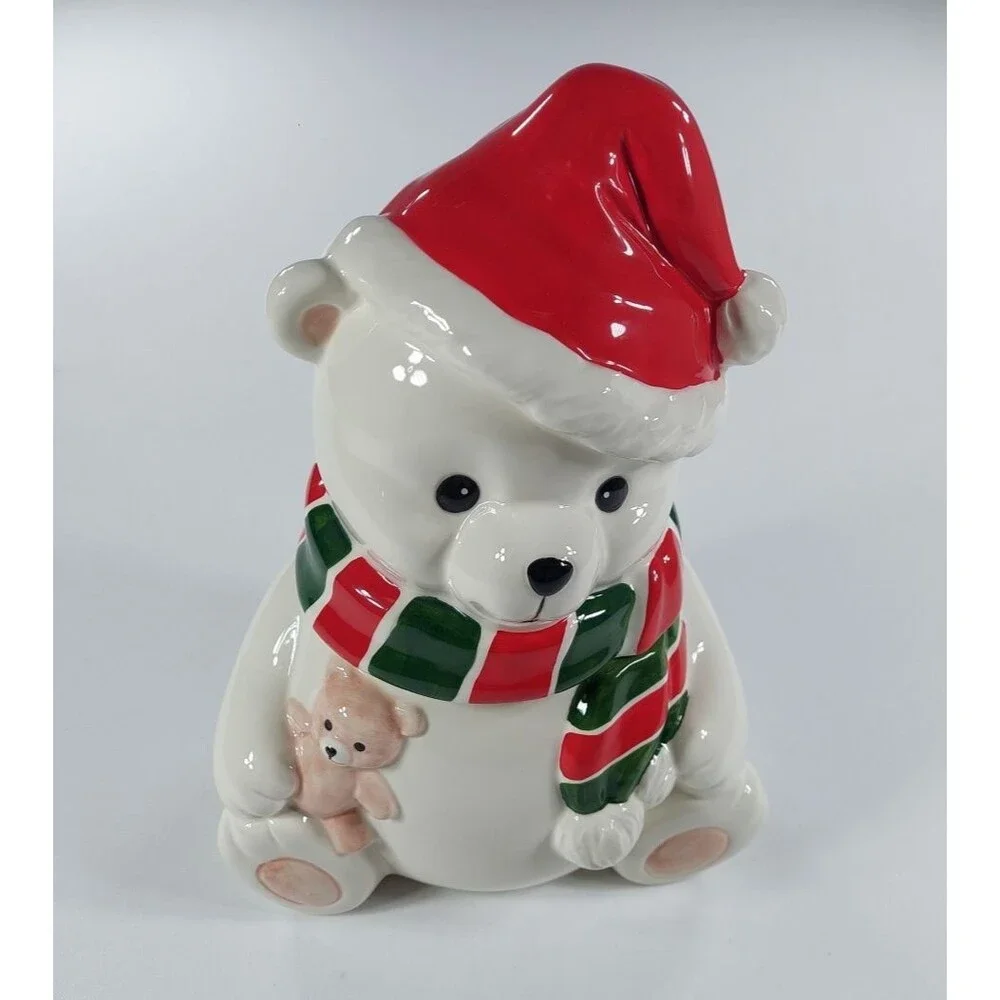 Vintage 1991 Homco Polar Bear Cookie Jar Christmas Ceramic Canister Teddy Bear